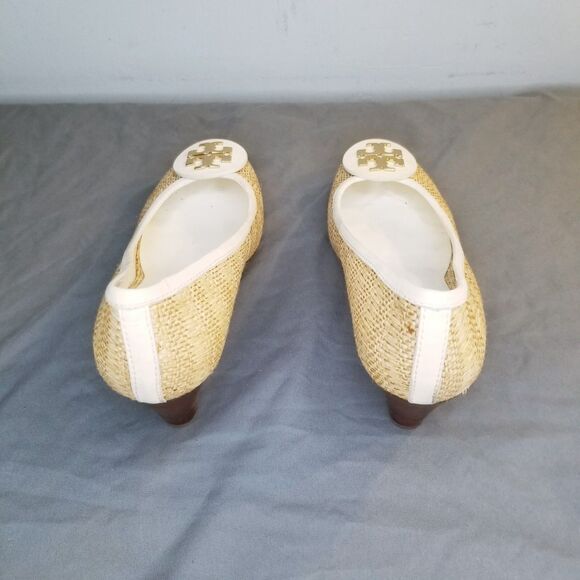 Tory Burch Sally Wedge Women Size 9 Beige Raffia Woven Straw Pumps Leather Lined - Picture 4 of 6